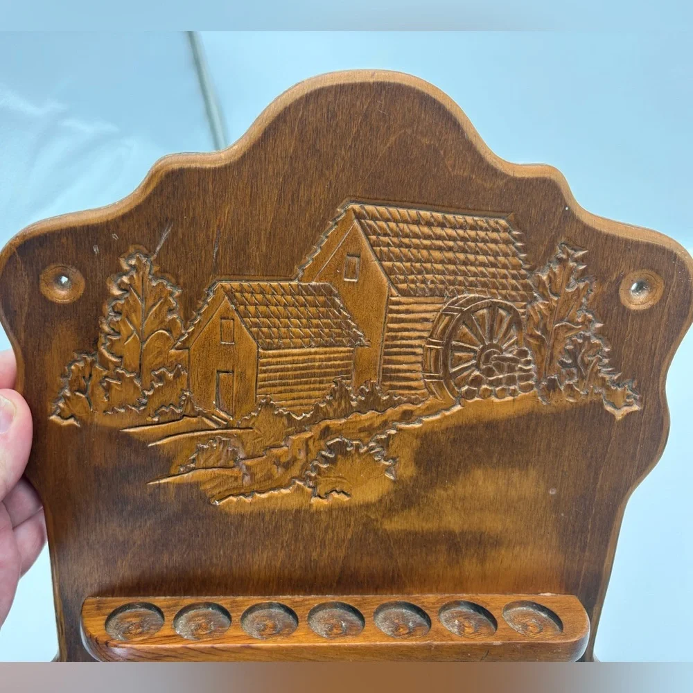 Vintage Wooden Thimble Rack Display with Carved Water Wheel Mill Design